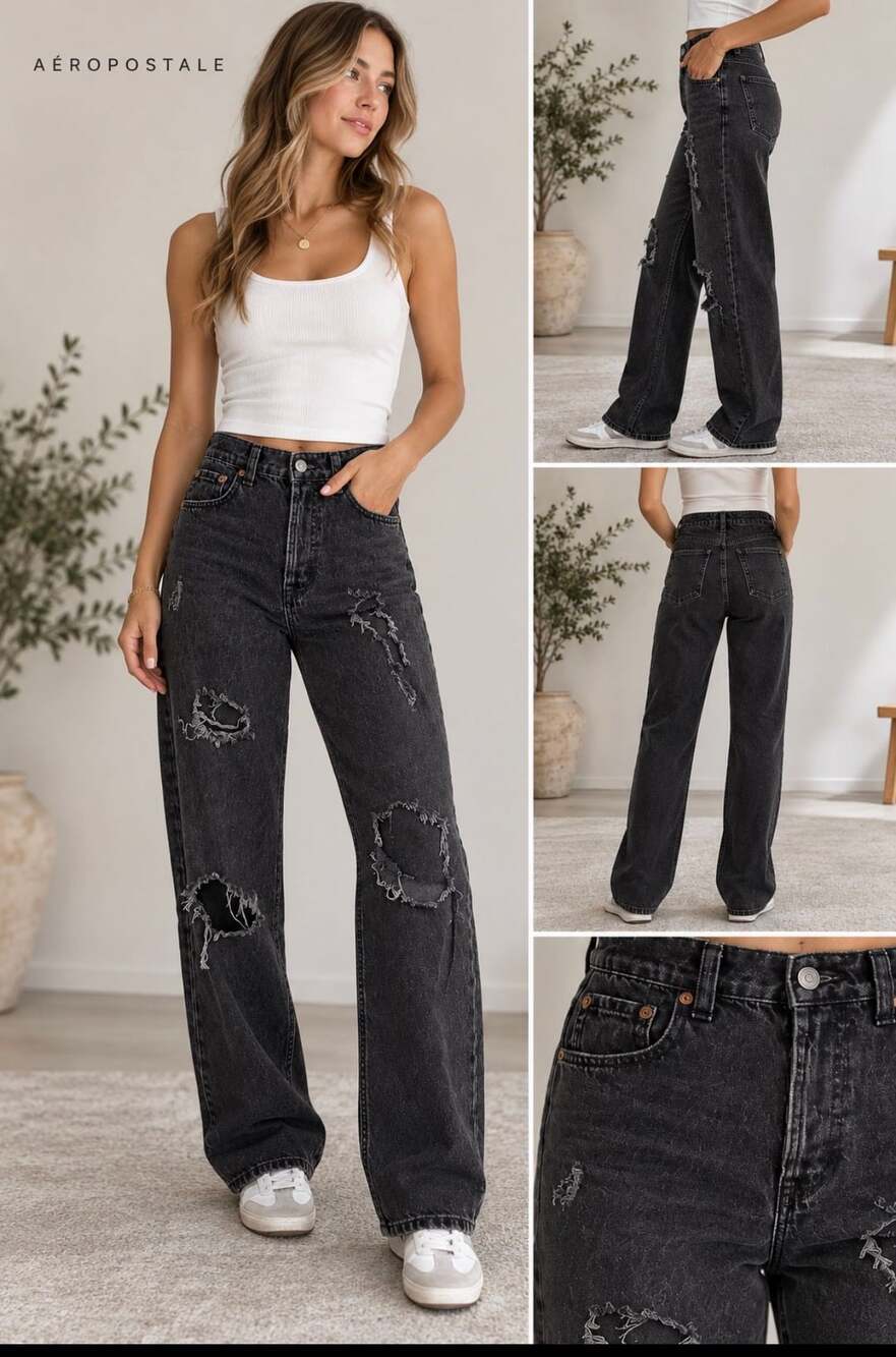 Aeropostale 90s Baggy Jeans Distressed Washed Black High Rise Y2K